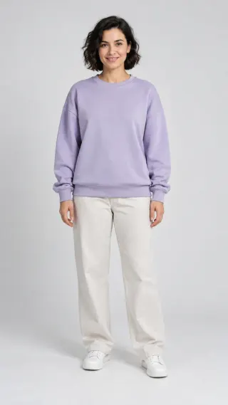 Input 2: fictional adult in a lilac sweatshirt, assigned to both selfies